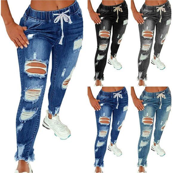 Women High Waist Skinny Stretch Ripped Jeans Plus Size Dark Blue - Picture 2 of 4